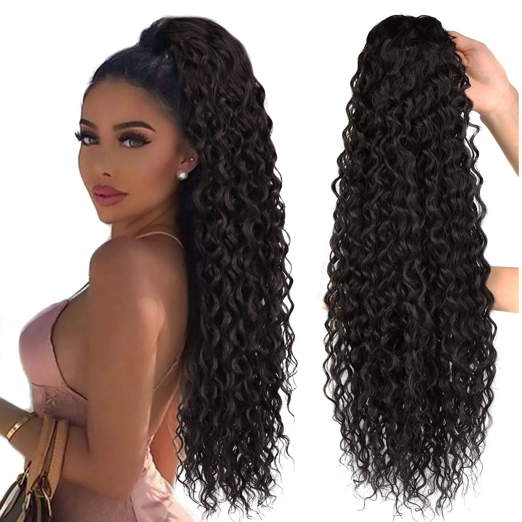 Curly Ponytail Extensions Clip in Synthetic Drawstring Ponytail Wig Long 32Inch Water Wave