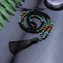 Load image into Gallery viewer, 8mm African Turquoise Black Agate Yellow Tiger Eye Beads Japamala Necklace Bracelet Set Meditation Yoga Jewelry 108 Mala Rosary