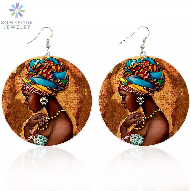 SOMESOOR Vinatge African Headwrap Woman Wood Drop Earrings Afrocentric Ethnic Boths Side Painting Jewelry For Blacks Gifts 1Pair