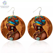 Load image into Gallery viewer, SOMESOOR Vinatge African Headwrap Woman Wood Drop Earrings Afrocentric Ethnic Boths Side Painting Jewelry For Blacks Gifts 1Pair