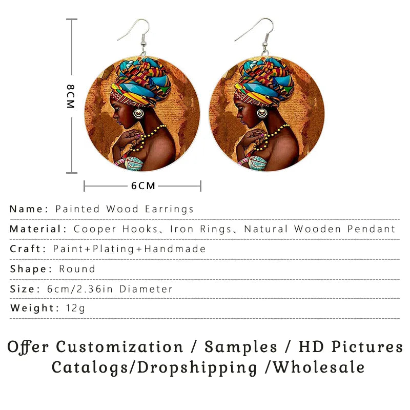 SOMESOOR Vinatge African Headwrap Woman Wood Drop Earrings Afrocentric Ethnic Boths Side Painting Jewelry For Blacks Gifts 1Pair