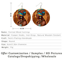 Load image into Gallery viewer, SOMESOOR Vinatge African Headwrap Woman Wood Drop Earrings Afrocentric Ethnic Boths Side Painting Jewelry For Blacks Gifts 1Pair