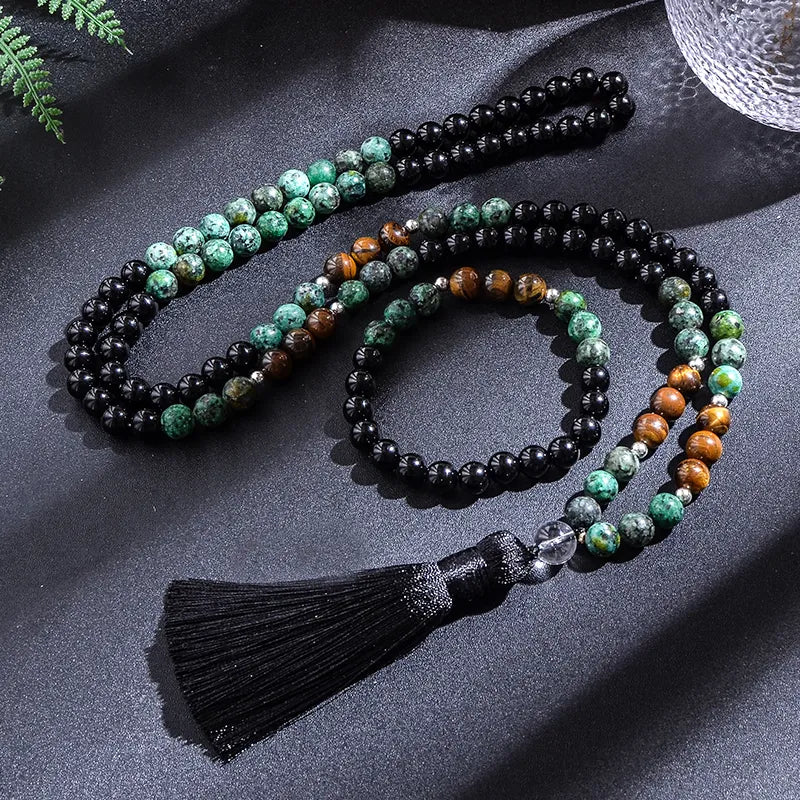 8mm African Turquoise Black Agate Yellow Tiger Eye Beads Japamala Necklace Bracelet Set Meditation Yoga Jewelry 108 Mala Rosary