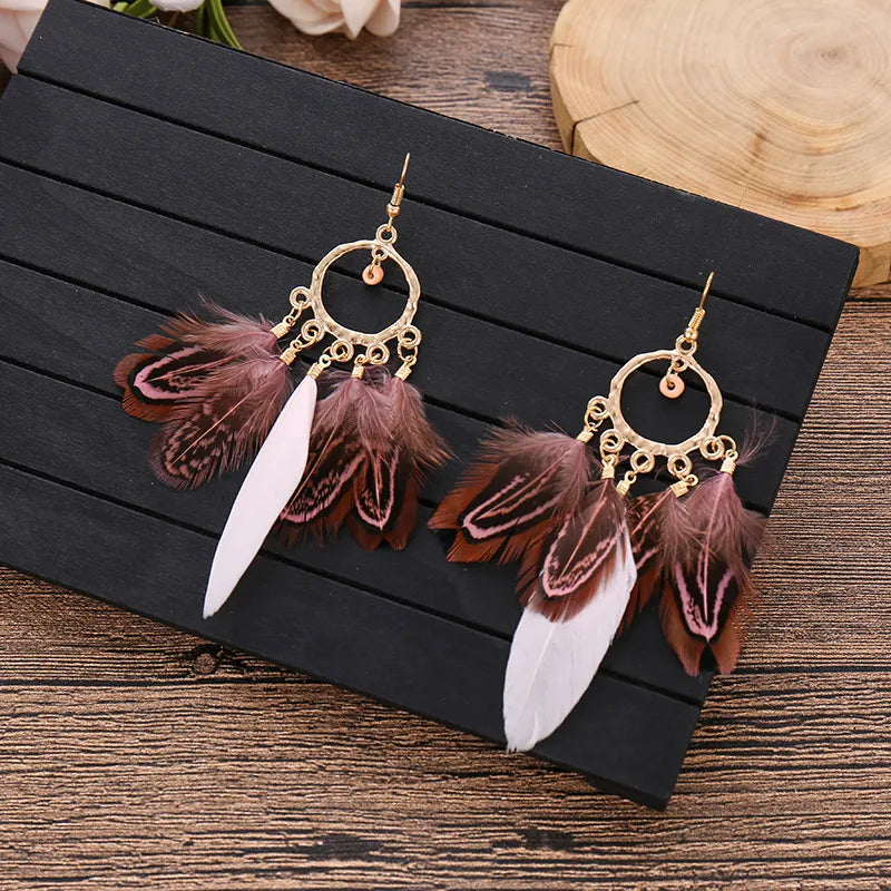 New Round Beaded Feather Tassel Earrings Women's  Fashion Simple Bohemain Ethnic Long Earrings As A Gift To A Friend