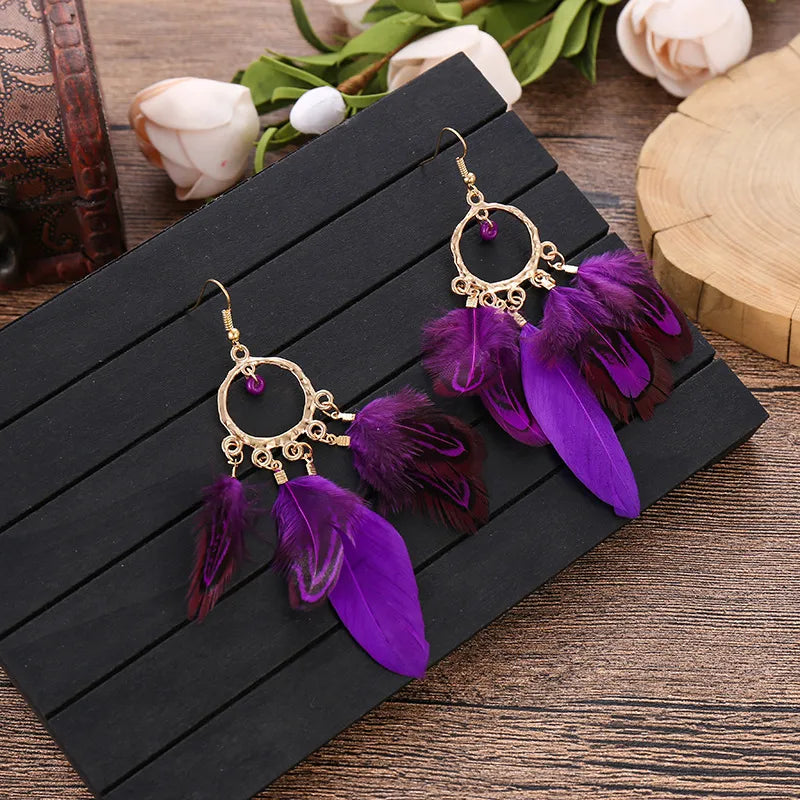 New Round Beaded Feather Tassel Earrings Women's  Fashion Simple Bohemain Ethnic Long Earrings As A Gift To A Friend