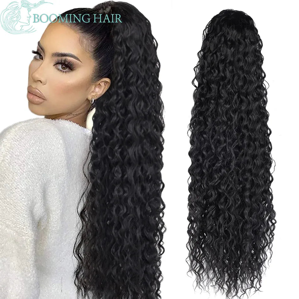 Curly Ponytail Extensions Clip in Synthetic Drawstring Ponytail Wig Long 32Inch Water Wave